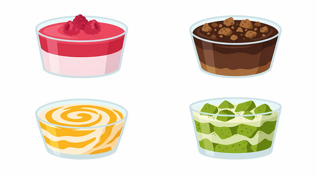 Selection of sweet creamy layered puddings featuring raspberry fruit mousse dark cocoa truffle swirl caramel butterscotch and healthy matcha green tea sponge cake served in individual glass cups
