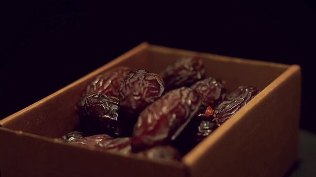 Dried medjool dates in wooden box, sweet organic date palm fruit, healthy middle eastern snack on black background