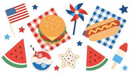 Obraz premium Fourth of July Picnic with American Flag, Hot Dog, Burger, Watermelon, Ice Cream, and Star-shaped Cookie on Checkered Napkins