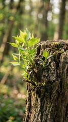 Fototapeta premium New Growth Sprouts from Old Tree Stump in Forest.