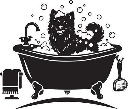 Happy dog bathing in vintage clawfoot tub with bubbles faucet towel and wash brush elements creating cheerful spa atmosphere.