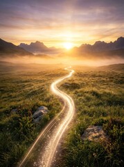 Obraz premium Mystical Winding Road Through Misty Mountains at Sunrise.