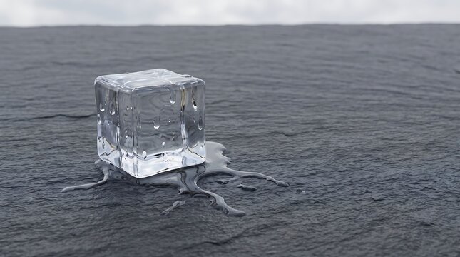 Single ice cube melting on black slate background