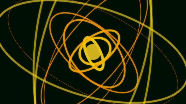 abstract atomic orbit lines glowing around a central core for quantum physics and science concept