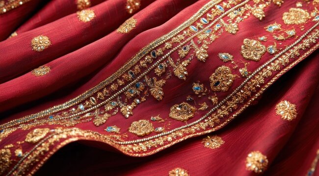 close-up of red silk fabric with intricate gold floral embroidery, sequins and beaded ornate border conveying luxurious festive elegance