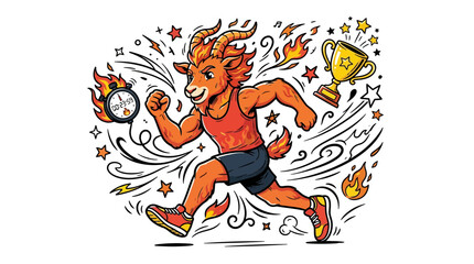 Fototapeta premium Fire goat athlete running toward victory with trophy and stopwatch