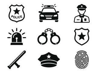 Police icon set in black minimalist style, law enforcement vector symbols, 9 security and justice elements for web design © Vector Hive