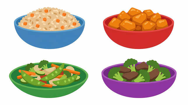 Healthy Asian Style Meals Featuring Fried Rice With Vegetables Tofu Cubes In Savory Sauce Saut ed Garden Greens With Snap Peas And Beef Stir Fry Served In Colorful Bowls For Traditional Dining