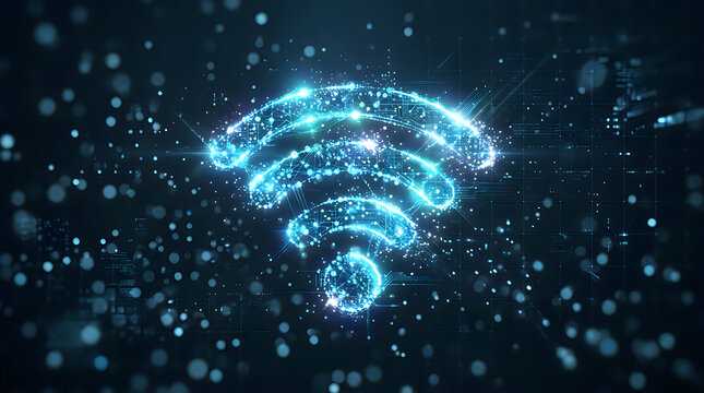 Glowing digital wifi symbol floating in a dark abstract space with particles and light streaks