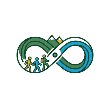 Adventure concept with infinity loop shape featuring hikers mountain peaks and sea waves