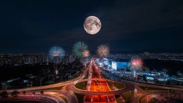 Cityscape at Night with Fireworks and Full Moon 4K Generative AI