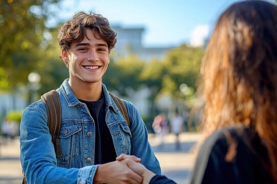 Smiling young man in denim jacket and backpack warmly shaking hands with a person outdoors on a sunny day in a blurred urban park setting, friendly welcoming moment