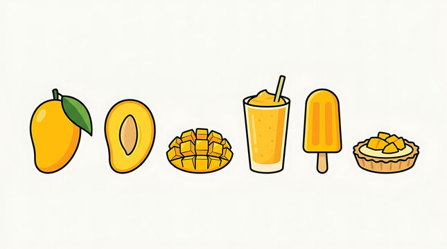 Set of tasty mango products including fresh fruit slice diced cubes smoothie drink popsicle and sweet fruit tart for summer culinary presentations.