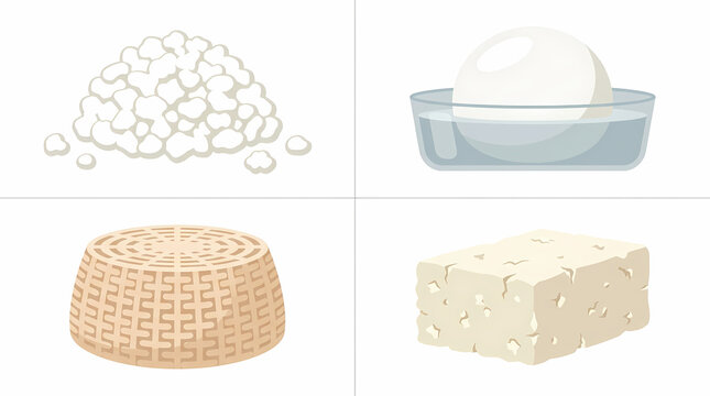 Selection of dairy products including fresh cottage cheese heap with round mozzarella ball in brine plus rustic goat cheese wheel and block of salty feta cheese arranged for healthy food menu