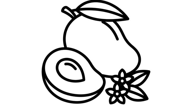Black outline mango sketch with fruit half showing seed and floral elements created for coloring book pages or simple culinary logo vector templates.