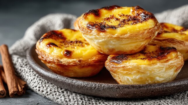 A rustic plate holds an irresistible stack of pastel de nata, their custard centers boasting caramelized spots, with crispy, flaky pastry tempting pastry lovers everywhere