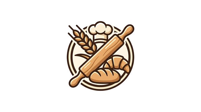 Bakery logo template with wheat stalks wooden rolling pin fresh bread and croissant arranged in circular composition for artisan bakery brand identity.