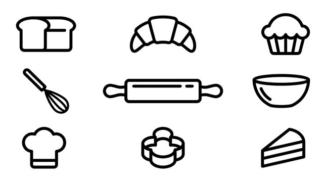 Set of black linear bakery icons featuring bread loaf croissant cupcake whisk rolling pin mixing bowl chef hat cookie cutter and slice of cake design.