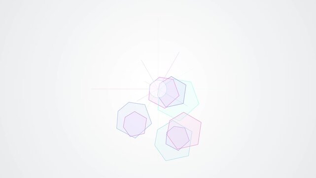 Abstract animation featuring overlapping translucent pastel polygons and radiating thin lines on a clean white background. Perfect for modern data visualization, scientific concepts, and clean tech UI