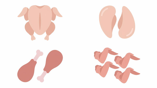 Raw poultry cuts collection featuring whole chicken breast fillets and meaty legs with wings presented for culinary preparation purposes in cooking and meal planning for healthy nutrition dinner