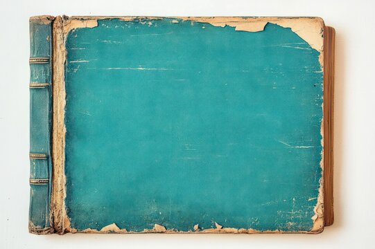worn teal hardcover book with torn edges, exposed spine and faded patina on white background evoking nostalgia