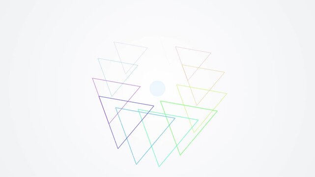 Clean abstract animation featuring a circular arrangement of colorful wireframe triangles rotating on a white background. Ideal for modern corporate presentations, tech concepts, and sleek UI designs.