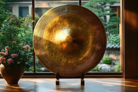 large golden gong on a wooden stand beside a potted pink flowering plant by a sunlit window overlooking a green garden, calm peaceful meditative mood
