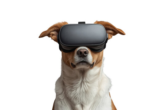 Dog portrait wearing black virtual reality headset