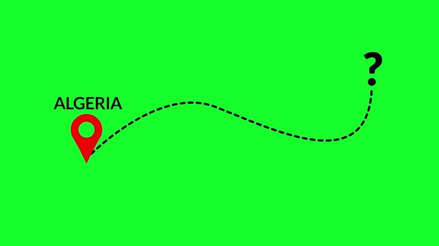 ALGERIA country to another country location pin animation in 4k animation with alpha channel  on transparent background travel one country to another country animation