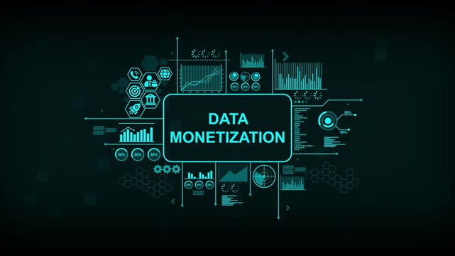 Data monetization concept with digital infographic hud interface and analytics charts for business intelligence and financial growth strategy