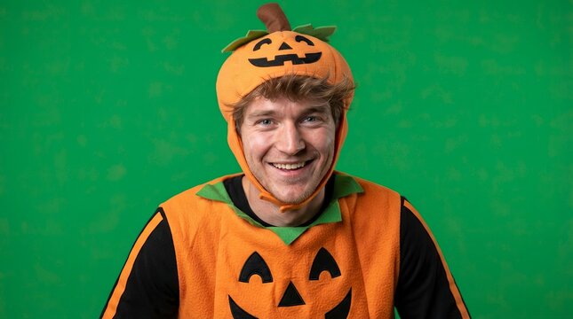 Happy young man in orange pumpkin costume smiling at camera for Halloween party on green background