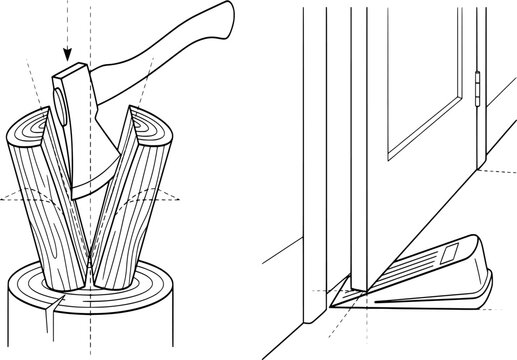 Examples of Wedge Simple Machine Vector: Axe Splitting Wood and Doorstop EPS