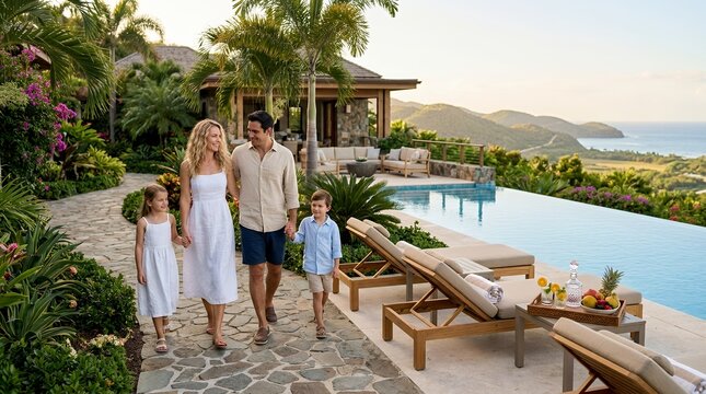 Happy family walking together near a luxury infinity pool at a tropical resort.