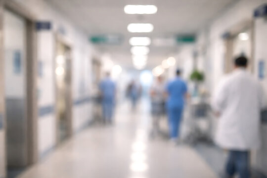 Blurred hospital corridor with doctors and nurses moving through bright clinical hallway