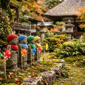 Row of Jizo statues adorned with colorful hats and flowers in a serene Japanese garden during autumn.