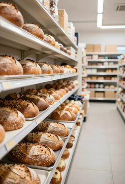 Bakery retail and food supply chain, fresh artisan bread loaves displayed on supermarket shelves for grocery shopping and consumer food industry