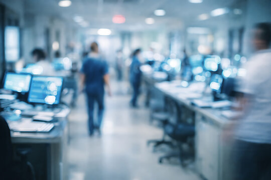 Blurred hospital staff working in a modern clinical ward with computers and monitors