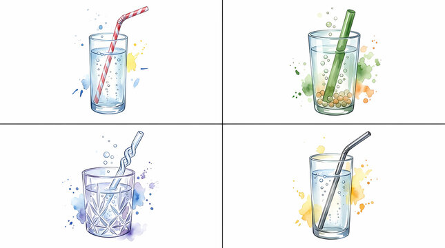 Watercolor collection of drinking glasses featuring colorful straws for refreshing cold beverages perfect for summer gatherings and parties showing artistic style with vibrant splashes of liquid