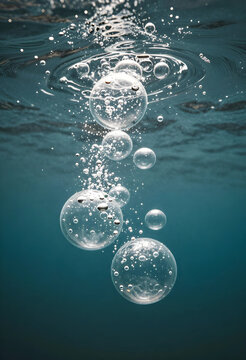 Purity and freshness concept, underwater air bubbles rising in deep blue water with light refraction and liquid motion for wellness and spa background