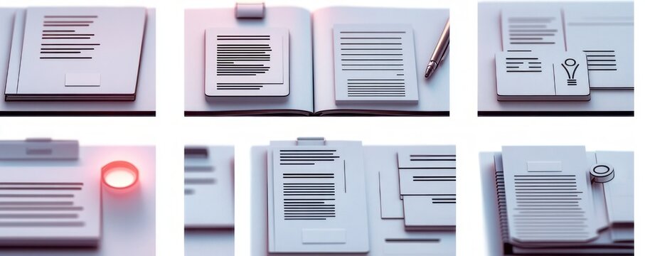 Minimalist pastel office flat lay with clipboards, stacked documents, open notebook with pen, lightbulb and magnifying glass icons, red status button conveying calm focused organization