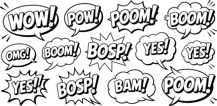 Comic Book Style Sketch Speech Bubble Explosion Text Set, Hand Drawn BOOM WOW BAM OMG BANG POW Pop Art Vector Illustration for Comics, Posters, Stickers, and Creative Design.