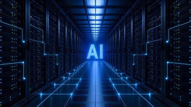 Illuminated server room aisle inside modern data center powered by advanced artificial intelligence technology