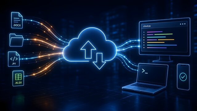 Digital cloud computing concept showing data files uploading and migrating from devices to virtual storage