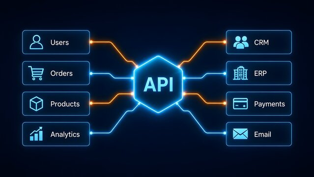 Application programming interface architecture connecting users and products with corporate business management systems