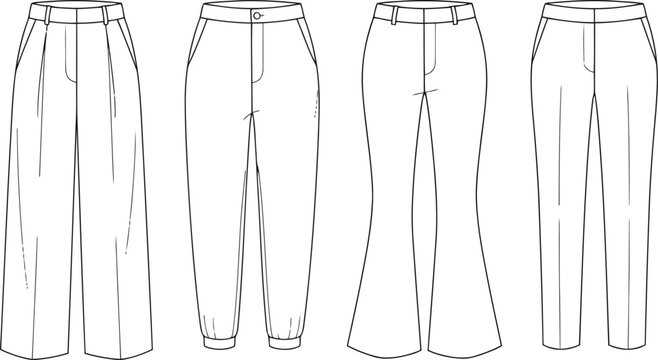 Set of four different styles of women trousers technical fashion sketches with wide leg tapered flared and straight fit pants for clothing design and manufacturing