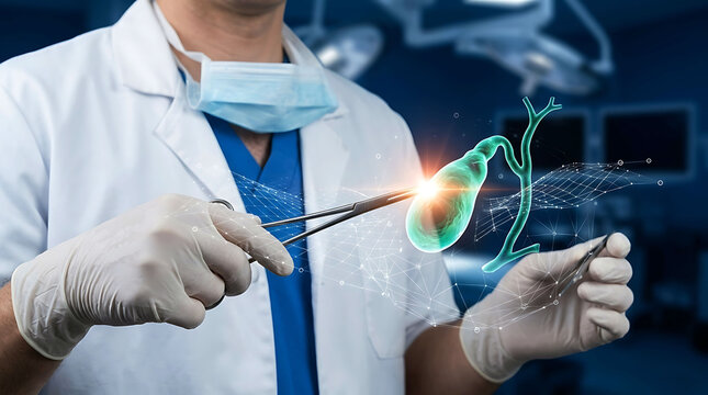 Surgeon interacting with a 3D hologram of a gallbladder and biliary tract using medical instruments