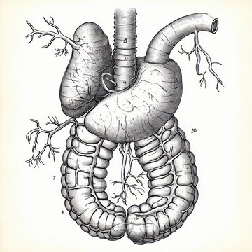 detailed vintage anatomical illustration of stomach, esophagus and looped large intestine with branching blood vessels, labeled and clinical and educational