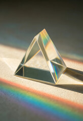 Fototapeta premium Light refraction and physics concept, glass prism splitting white light into rainbow spectrum on a textured surface with soft shadows and bright glow