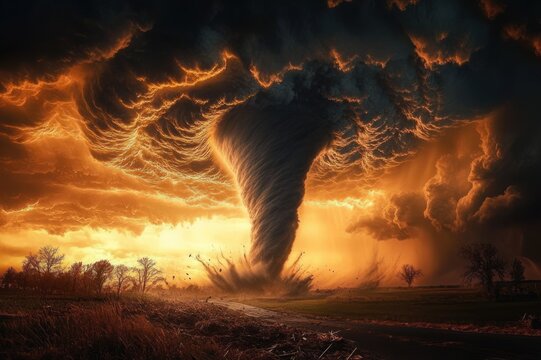 massive tornado ripping through flat plains beneath swirling dark storm clouds and a fiery orange sky, uprooting trees and hurling debris in a menacing, apocalyptic scene