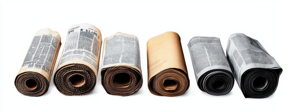 six rolled paper bundles including printed newspapers, a brown kraft roll and dark plastic rolls arranged in a neat row on a white background, orderly and calm
